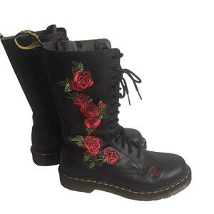 Dr. Martens 1914 Vonda Boots Womens Size 9 Black Leather Floral Rose Embroidered